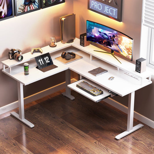 59" L-Shaped Electric Standing Desk, Single-Motor Height Adjustable Corner Desk with Full Monitor Shelf and Spliced Desktop for Home Office & Gaming,White
