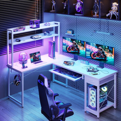 59" Reversible L-Shaped Gaming Desk with Power Outlets & LED Lights, Office Desk with Storage Drawer & Keyboard Tray for Home Office, Corner Computer Desk with Hutch, White