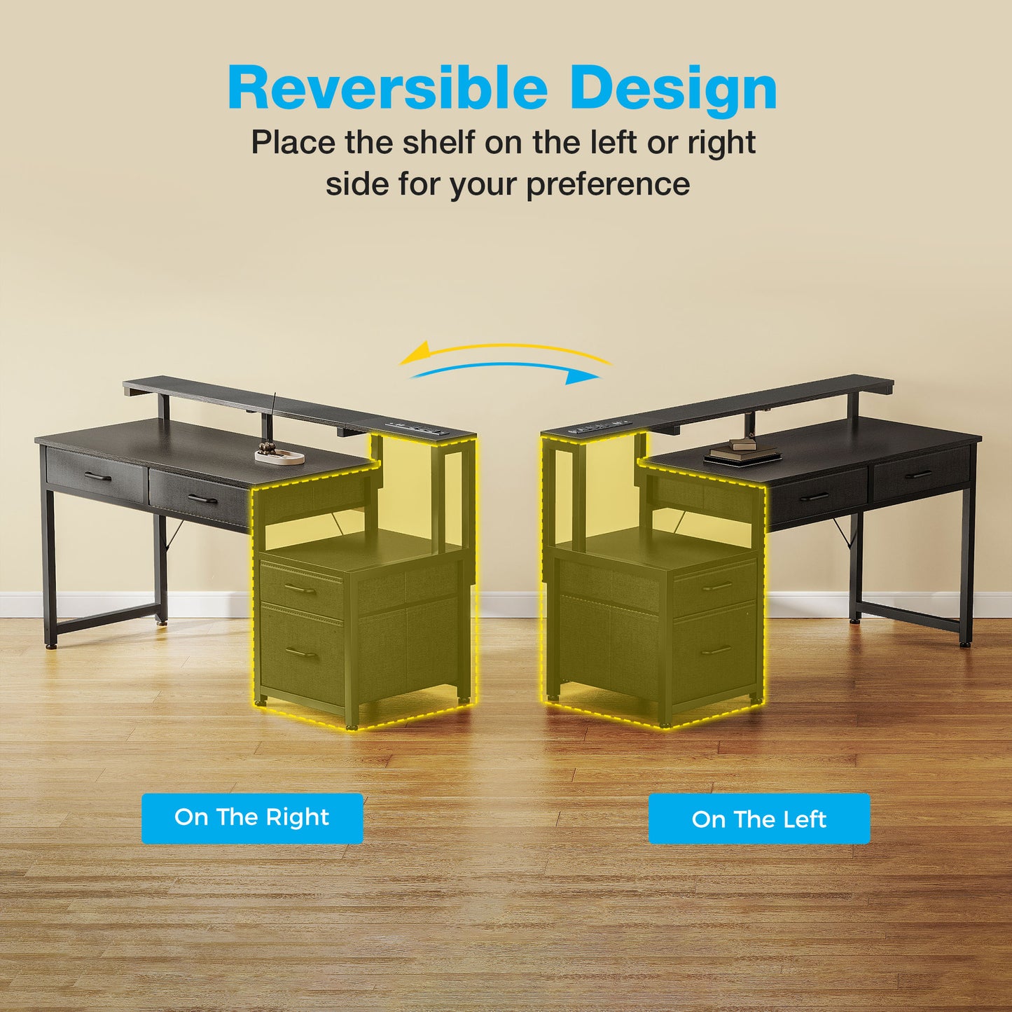 Computer Desk with 4 Drawers, 55 Inch Reversible Desk with Power Outlet, Home Office Desk with File Drawer & Monitor Stand, Black