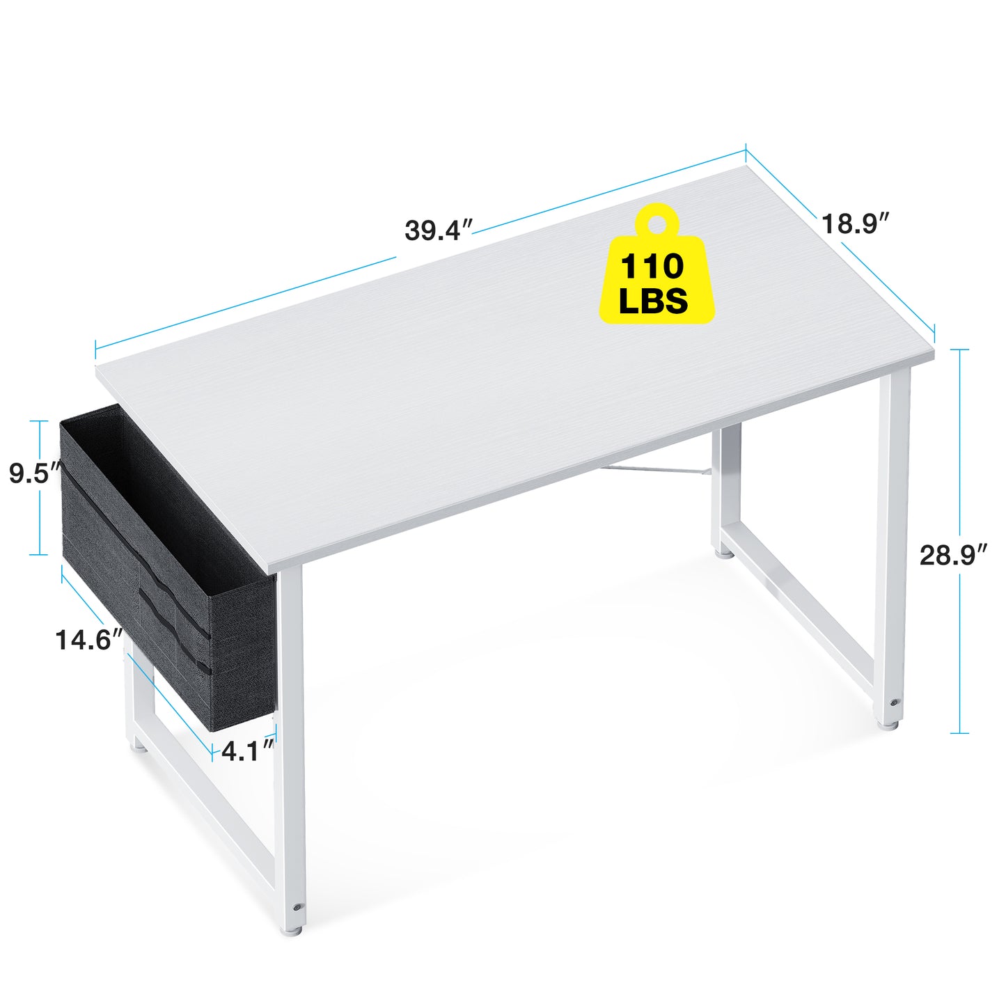 Casacomoda Computer Writing Desk 40 inch, Sturdy Home Office Table, Work Desk with a Storage Bag and Headphone Hook, Pure White