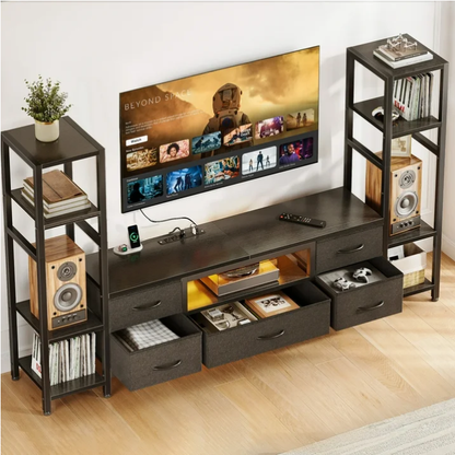 Casacomoda TV Stand for 40–50 " TV, Entertainment Center with LED Lights & Power Outlets, 71" TV Console with 5 Fabric Drawers and Open Shelves for Living Room or Bedroom, Black