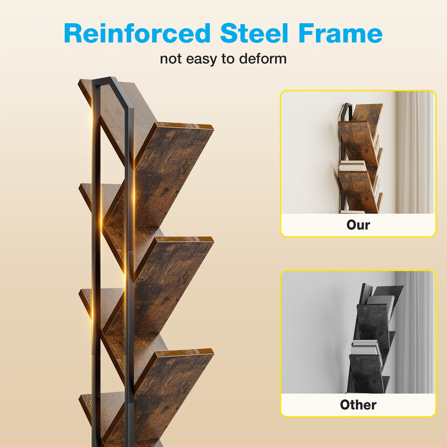 Casacomoda Tree Bookshelf - 6 Shelf Retro Floor Standing Bookcase, Tall Wood Book Storage Rack for CDs/Movies/Books, Utility Book Organizer Shelves for Bedroom, Living Room, Home Office