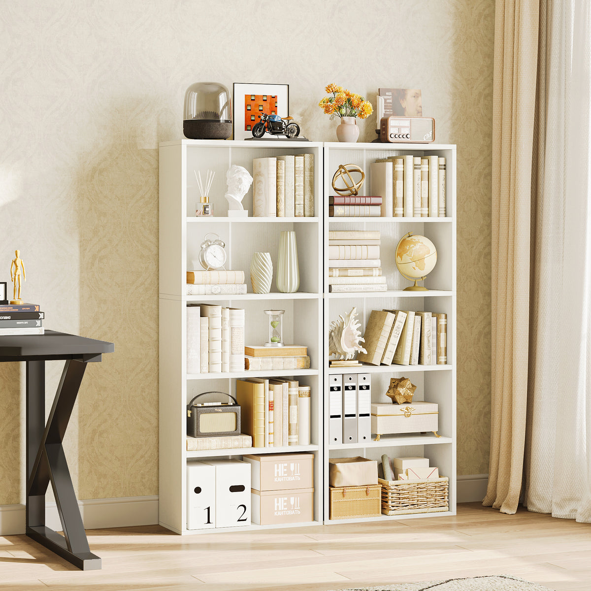 Casacomoda Tall Bookcase, Bookshelf, 5-Tier Display Storage Shelf, Space-Saving Bookshelf for Living Room, Bedroom, Home Office, Antique White