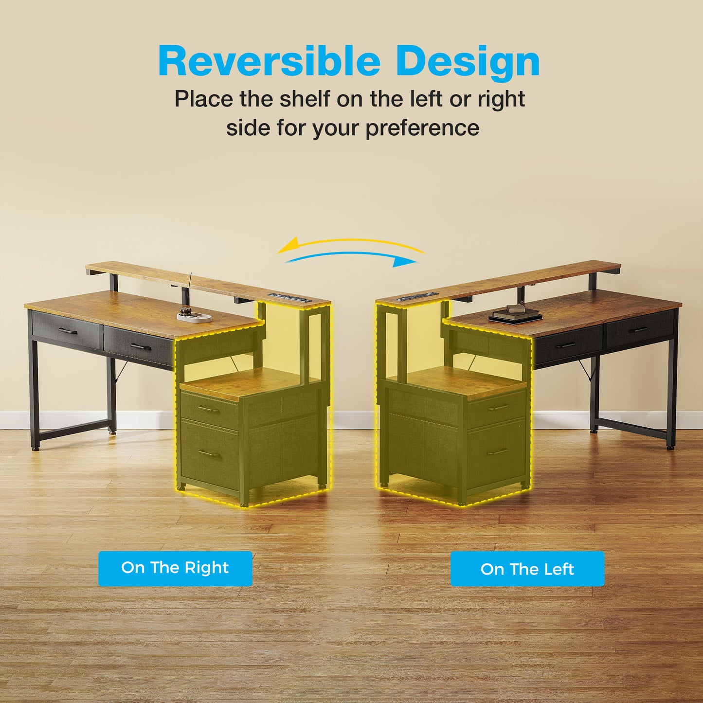 Computer Desk with 4 Drawers, 55 Inch Reversible Desk with Power Outlet, Home Office Desk with File Drawer & Monitor Stand, Vintage