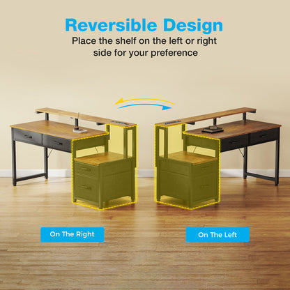 Computer Desk with 4 Drawers, 55 Inch Reversible Desk with Power Outlet, Home Office Desk with File Drawer & Monitor Stand, Vintage
