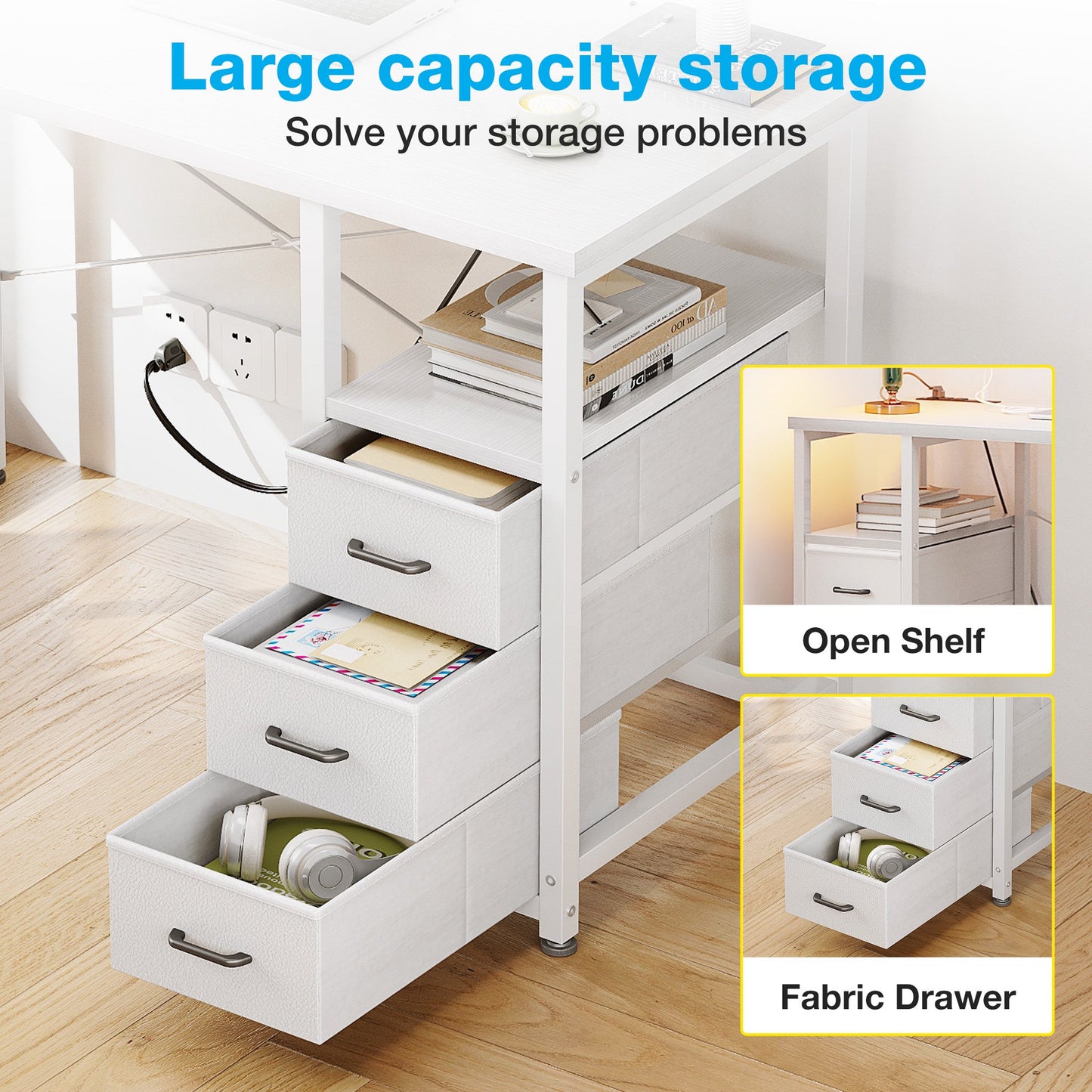 Casacomoda 40 Inch Small Computer Desk with Fabric Drawers and Charging Station, Home Office Desk with Storage Shelf, White