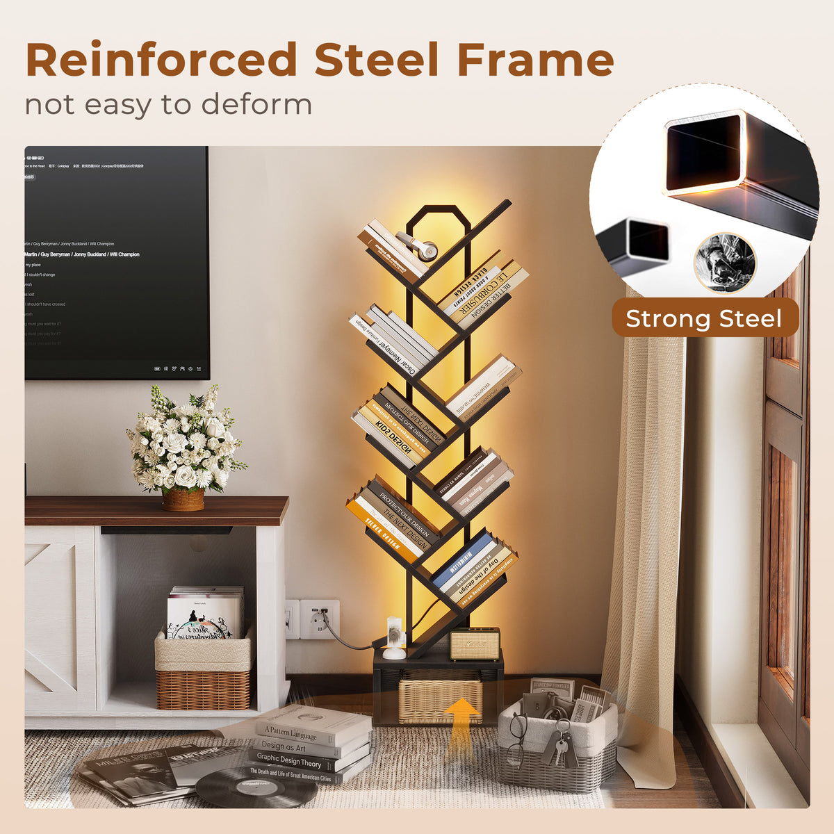 Casacomoda 8 Tier Tree Bookshelf, Bookcase with LED Lights, Display Floor Standing Storage Shelf, Book Organizer Shelves for Home Office, Living Room, Black