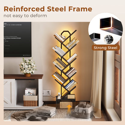 Casacomoda 8 Tier Tree Bookshelf, Bookcase with LED Lights, Display Floor Standing Storage Shelf, Book Organizer Shelves for Home Office, Living Room, Black