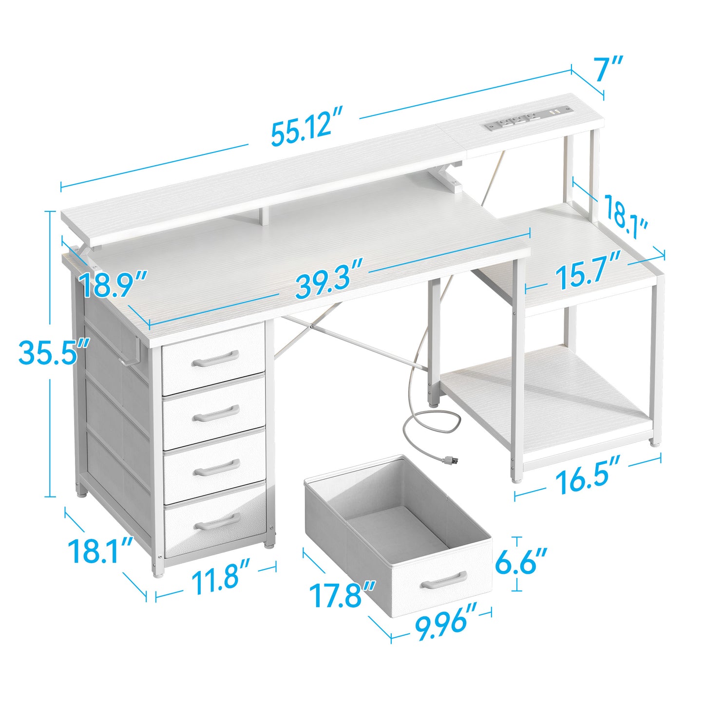 Casacomoda 55 Inch Computer Desk with USB Ports and Power Outlets, Printer Shelf, 4 Drawers & Storage Shelf, Home Office Desks, White