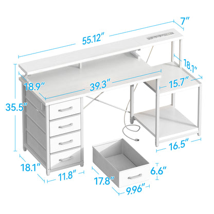 Casacomoda 55 Inch Computer Desk with USB Ports and Power Outlets, Printer Shelf, 4 Drawers & Storage Shelf, Home Office Desks, White