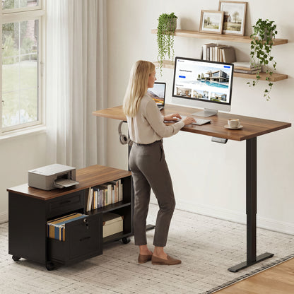 Casacomoda L-Shaped Standing Desk with Storage Cabinet and Drawers, Reversible Sit Stand Computer Desk for Home Office, Adjustable Height Desk, 48 Inch, Walnut & Black