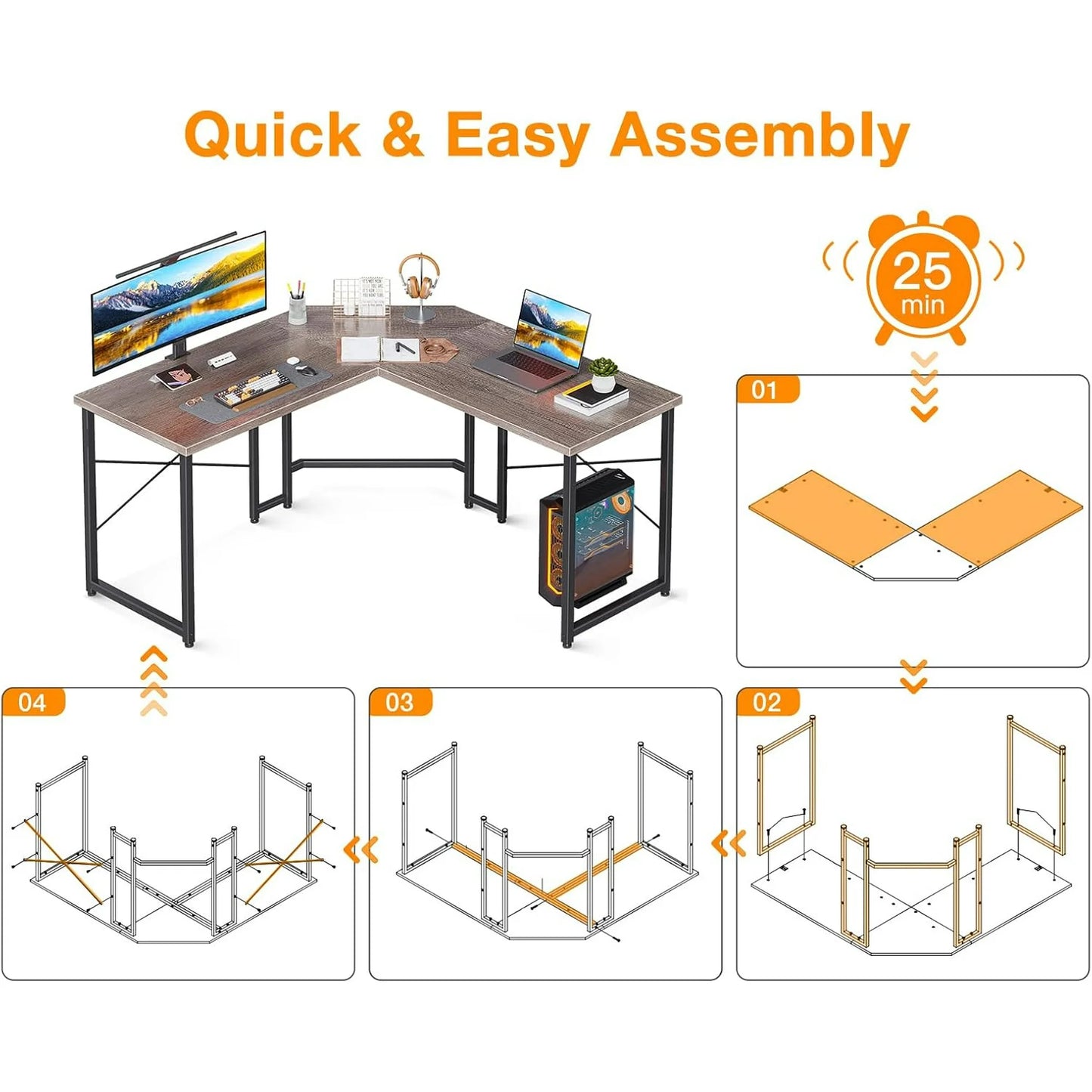 Casacomoda Computer Desk L Shaped, 51” Reversible L Shaped Computer Desk with Monitor Stand, Home Office Desk, Gray Oak