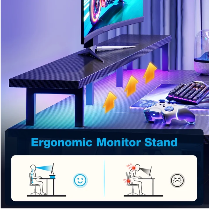 Casacomoda 48 Inch Gaming Desk with LED Lights, Computer Desk with Monitor Stand, Storage Shelves and CPU Stand, Home Office Desk, Black