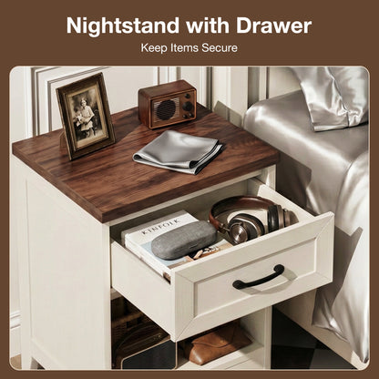 Nightstands Set of 2, Farmhouse Bedside Tables with Drawer and Open Shelf, Night Stands for Bedroom, End Tables, Side Tables, Dark Walnut & White