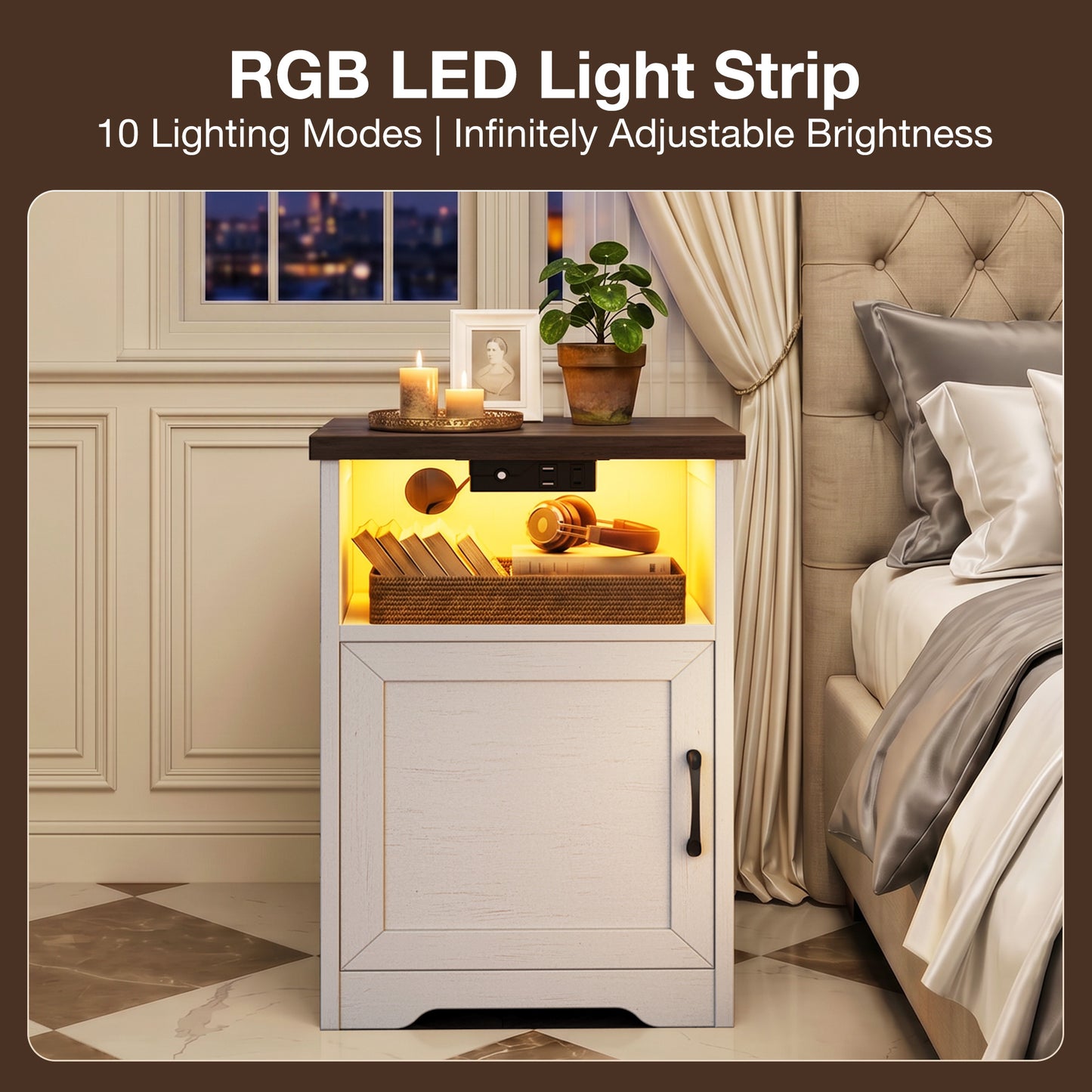 Nightstand for Bedroom, Farmhouse End Table Set of 2, Side Table with LED Light for Living Room, Bedside Table with 2 USB Ports and 1 Outlets, Set 2, Dark Walnut & White