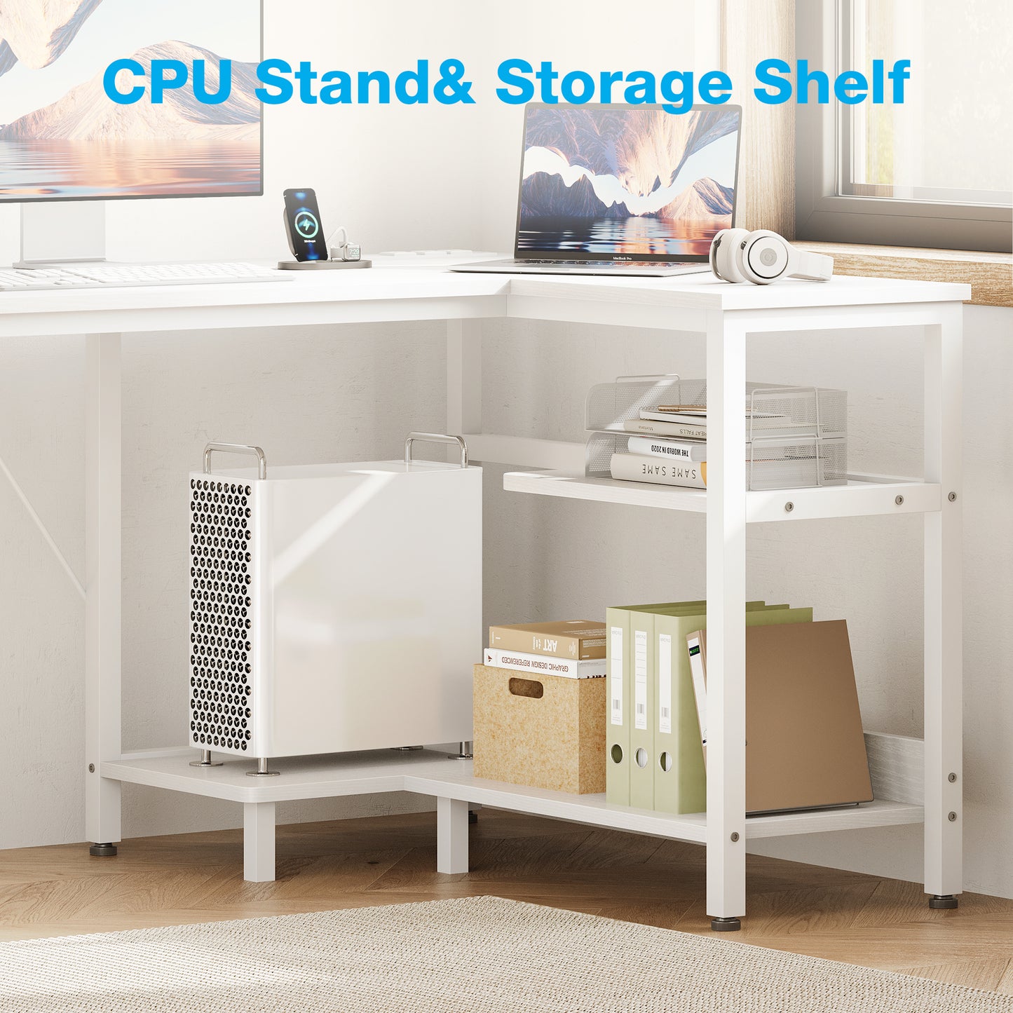 Casacomoda 63 Inch L Shaped Desk with Power Outlets, Large Computer Desk with File Drawer, Home Office Desk with Printer Stand & Storage Shelves, Corner Desk, White