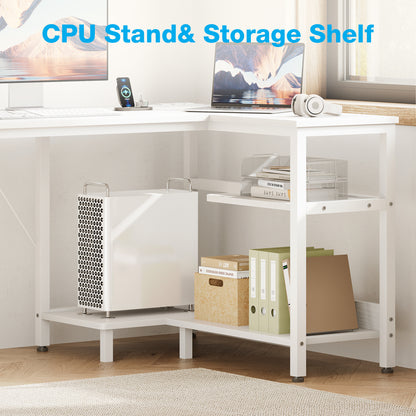 Casacomoda 63 Inch L Shaped Desk with Power Outlets, Large Computer Desk with File Drawer, Home Office Desk with Printer Stand & Storage Shelves, Corner Desk, White