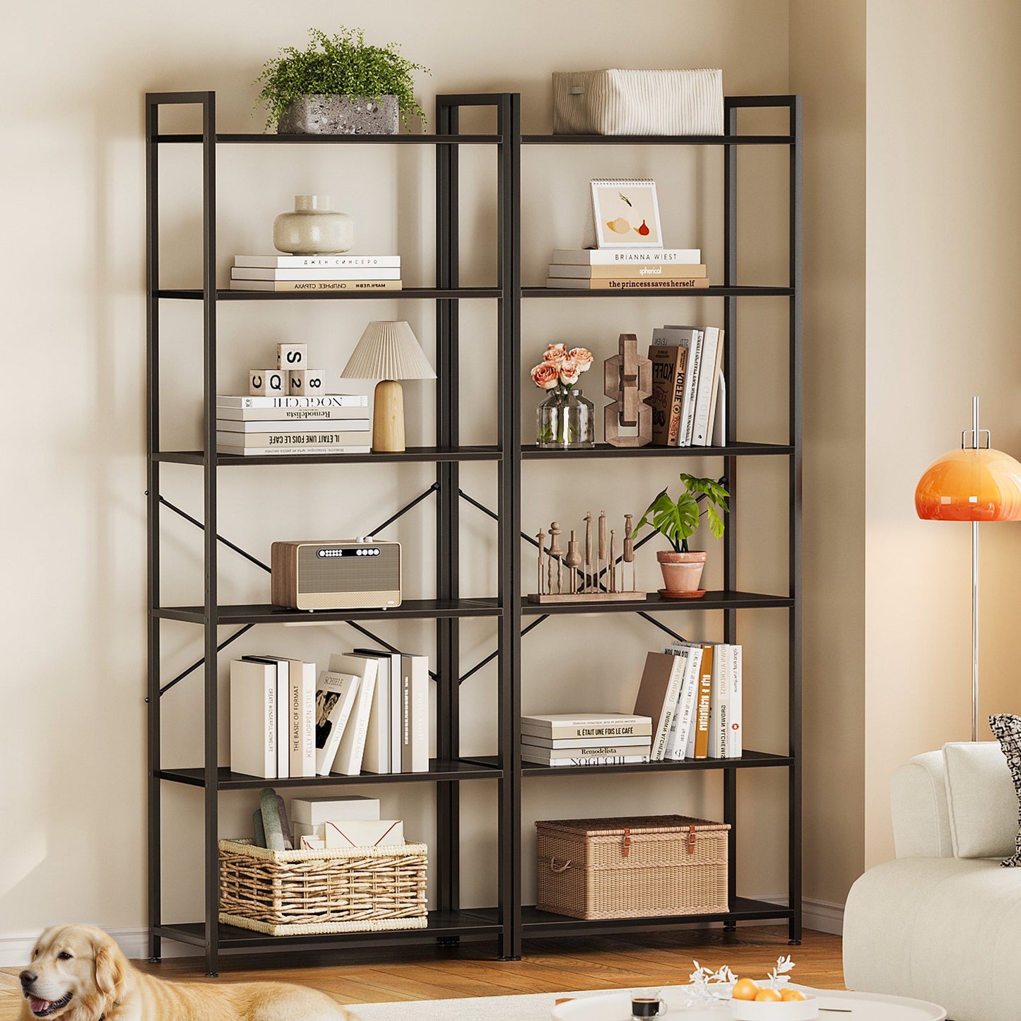 Casacomoda 6-Tier Tall Bookshelf, Large Bookcase with Steel Frame, Deep Book Shelf for Living Room, Home Office, Study, Industrial Style, Black