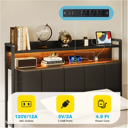 Bed Frame Twin Size with Storage Headboard and Drawer, Upholstered Platform Bed with Charging Station and LED Light, Heavy Duty Frame Support, No Box Spring Needed, Noise Free, Black