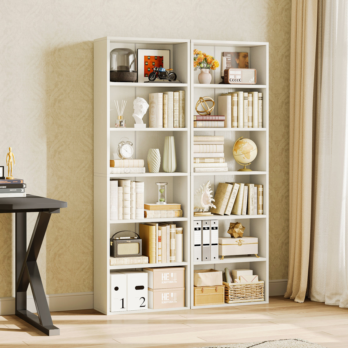 Casacomoda 6-Tier Tall Bookcase, Display Storage Bookshelf set of 2, Space-Saving Bookshelf for Living Room, Bedroom, Home Office, Vintage White, 2-Pack