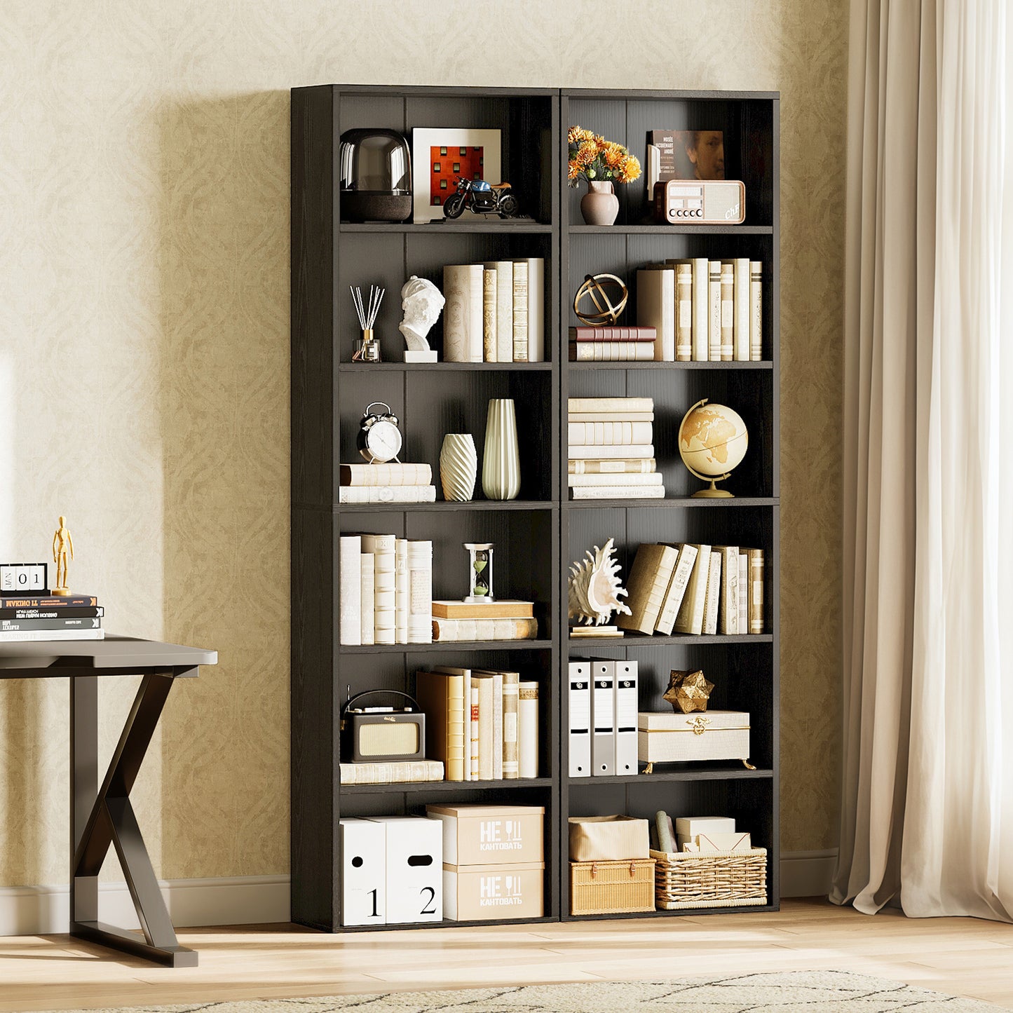 Casacomoda Tall Bookcase, Bookshelf, 6-Tier Display Storage Shelf, Space-Saving Bookshelf for Living Room, Bedroom, Home Office, Black