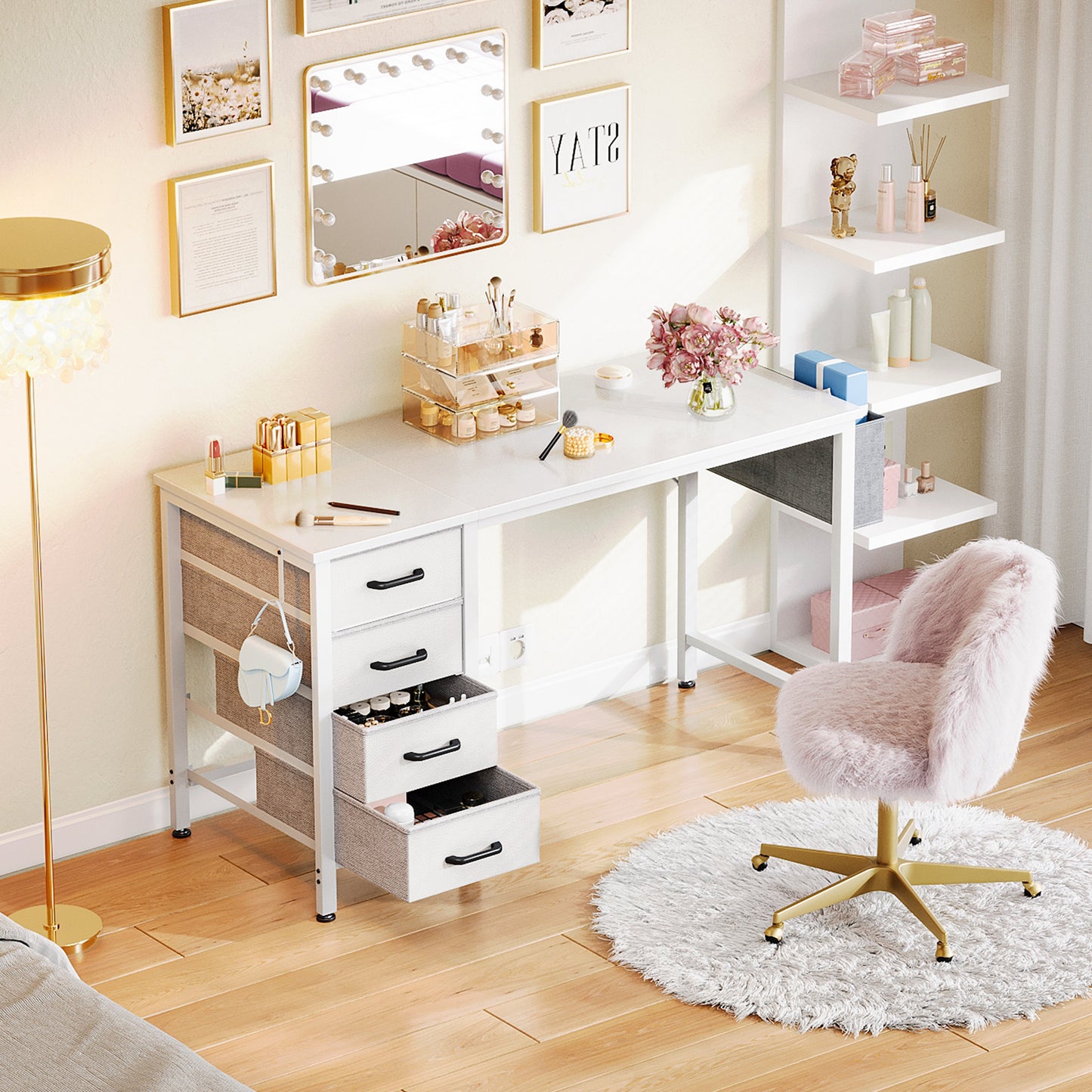 Casacomoda Small Computer Desk with 4 Fabric Drawers — Home Office Desks with Storage, Writing Desk with Side Hook and Cloth Bag, Study/Work Table for Bedroom and Small Space, White