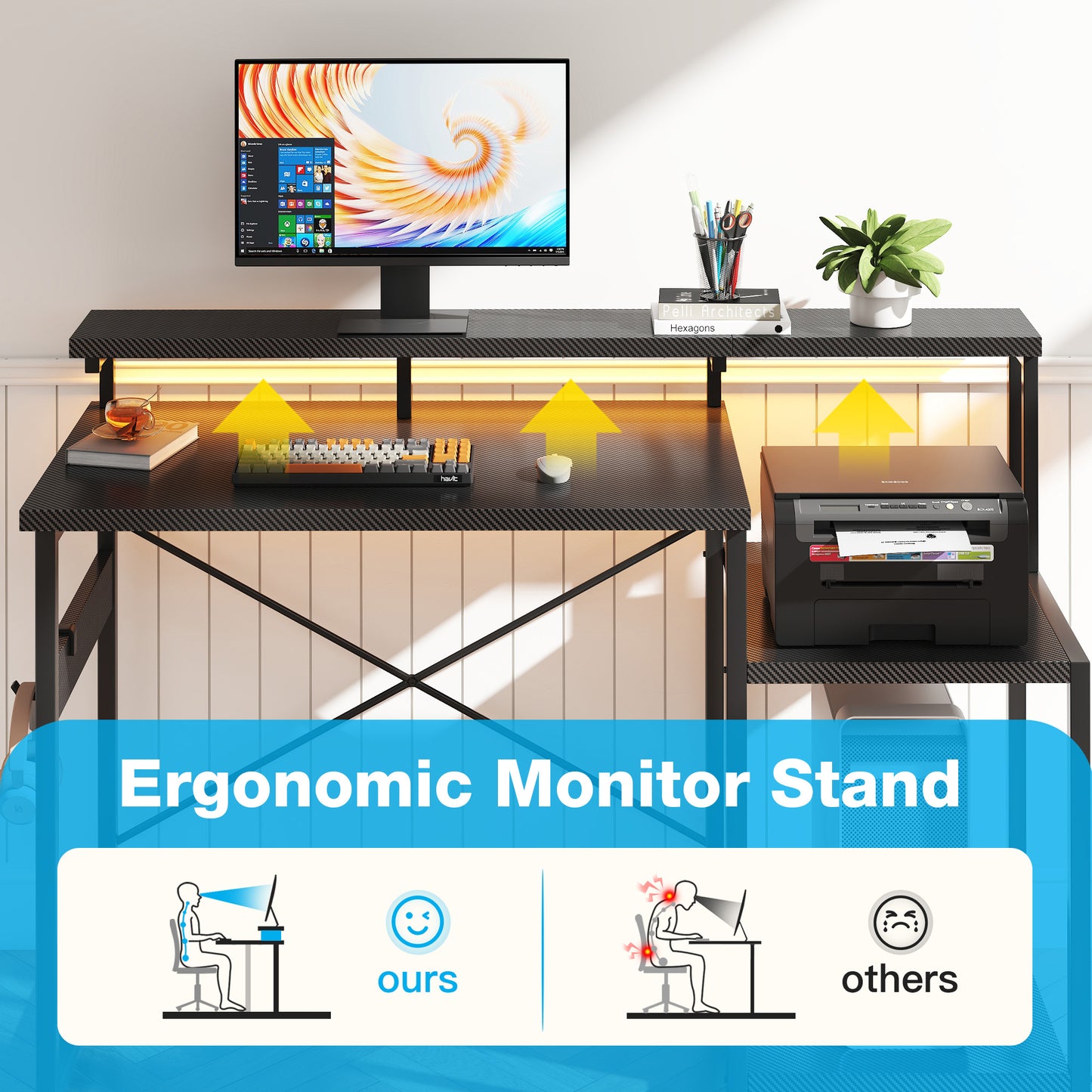 48 Inch Computer Desk with Monitor Stand,Gaming Desk with USB Ports & Power Outlets, Printer Shelf for Home Office, Storage Shelf, Black