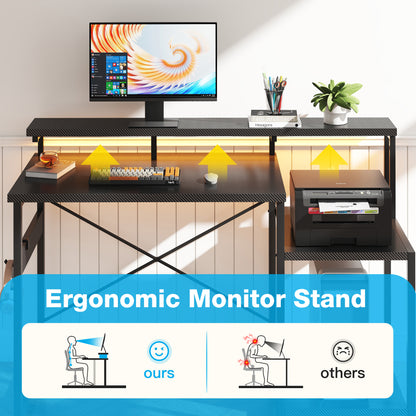 48 Inch Computer Desk with Monitor Stand,Gaming Desk with USB Ports & Power Outlets, Printer Shelf for Home Office, Storage Shelf, Black