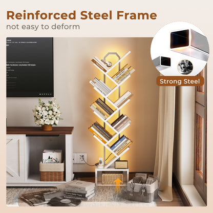 Casacomoda 8 Tier Tree Bookshelf, Bookcase with LED Lights, Display Floor Standing Storage Shelf, Book Organizer Shelves for Home Office, Living Room, White