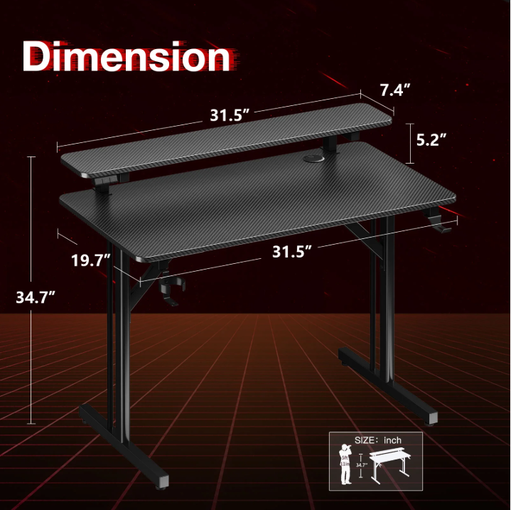 31 inch Gaming Desk with Monitor Stand, T- Shaped Carbon Fiber Surface Computer Desk with Double Headphone Hooks, USB Gaming Rack & Cup Holder, Black