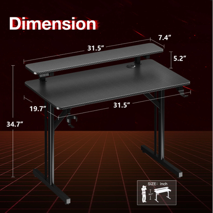 31 inch Gaming Desk with Monitor Stand, T- Shaped Carbon Fiber Surface Computer Desk with Double Headphone Hooks, USB Gaming Rack & Cup Holder, Black