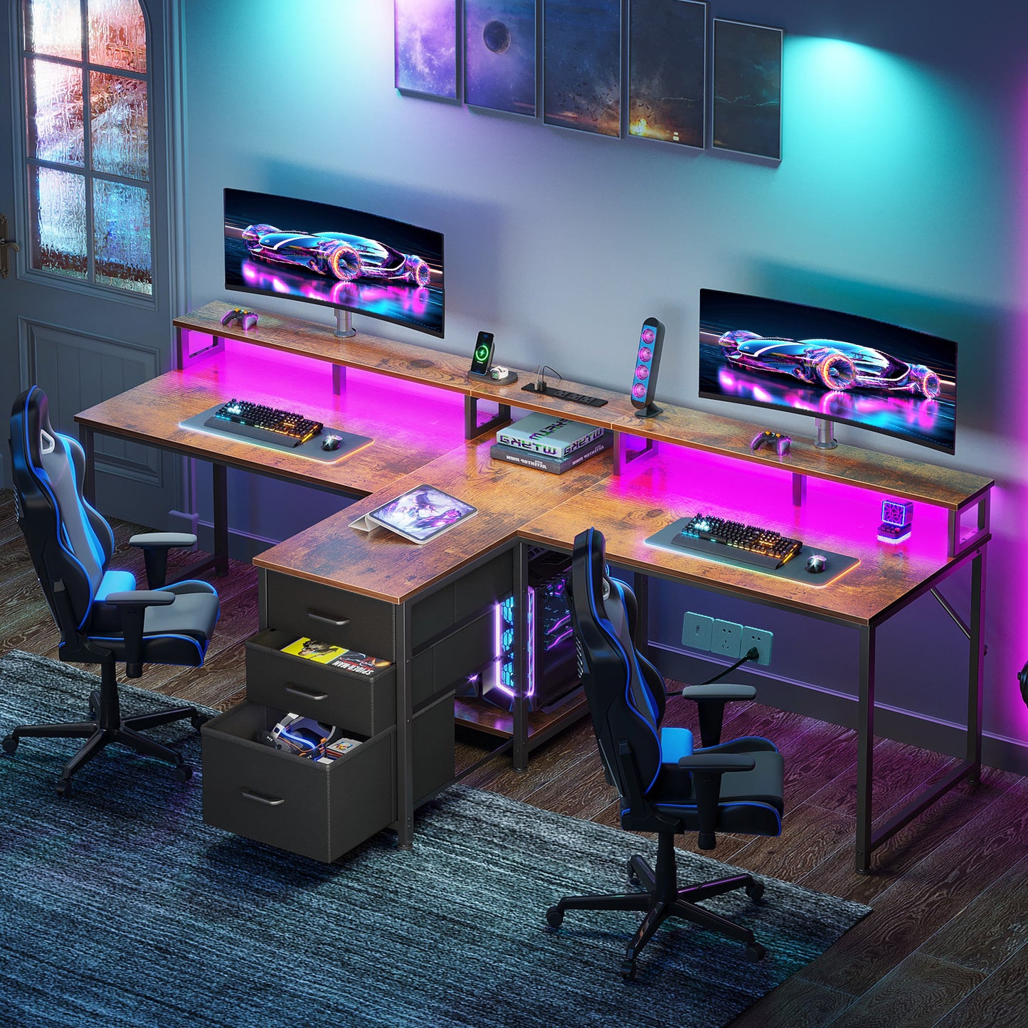 2 Person Desk with Power Outlet & LED Light, Extra Long Double Computer Desk with Fabric Drawers & File Cabinet, 94 Inch Writing Desk with Monitor Stand, T Shaped Gaming Desk, Vintage