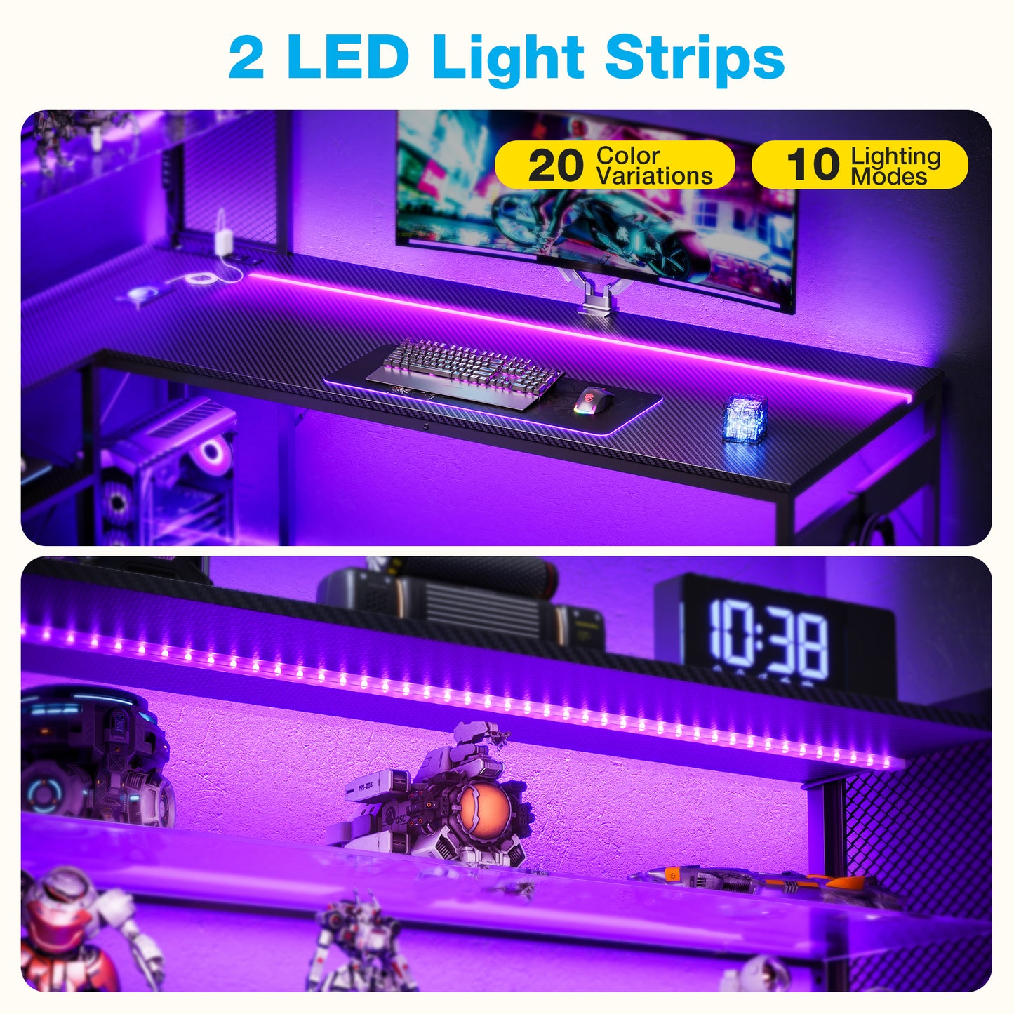 KKL L Shaped Gaming Desk, Reversible Computer Desk with Power Outlet, Gaming Table with LED Lights, L Shaped Desk with Glass Display Storage Shelves, Glass Gaming Desk, Black
