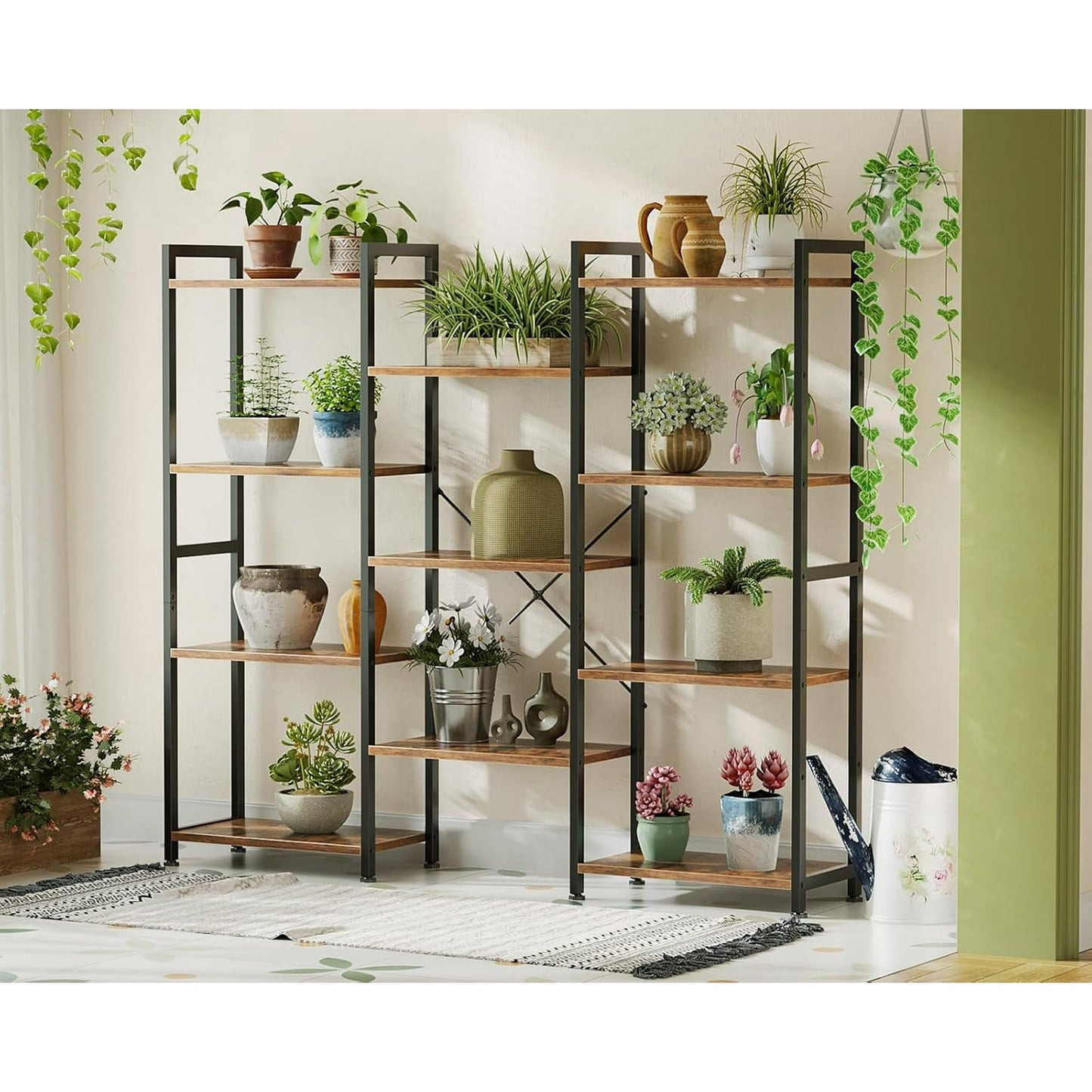 Casacomoda Triple Wide 4 Tier Bookshelf, Rustic Industrial Style Bookcases with 15 Open Display Shelves, Modern Tall Bookcase Furniture for Bedroom, Living Room and Home Office, Rustic Brown