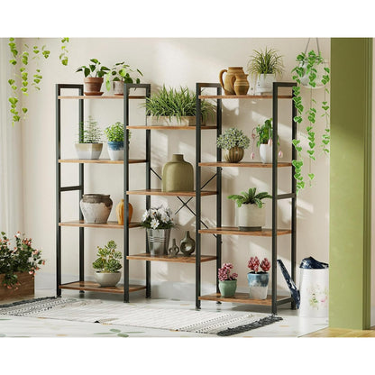 Casacomoda Triple Wide 4 Tier Bookshelf, Rustic Industrial Style Bookcases with 15 Open Display Shelves, Modern Tall Bookcase Furniture for Bedroom, Living Room and Home Office, Rustic Brown