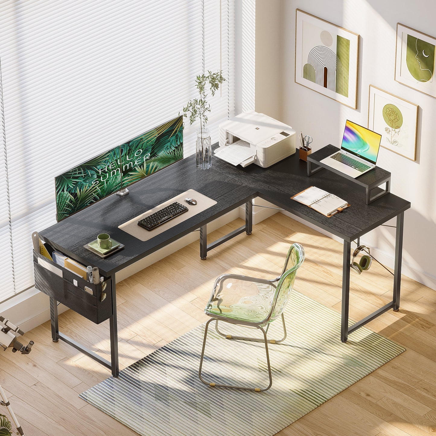Casacomoda 57“ L Shaped Desk, Gaming Desk with Headphone Hook, Computer Desk for Bedroom, Black