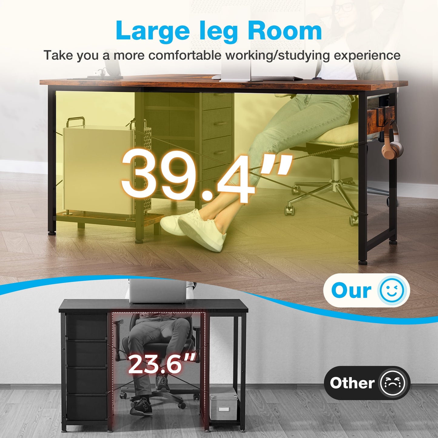 Casacomoda 53″ L-Shaped Desk with Power Outlets & USB, 4 Drawers and Hooks, Reversible Corner Computer Desk for Home Office or Gaming