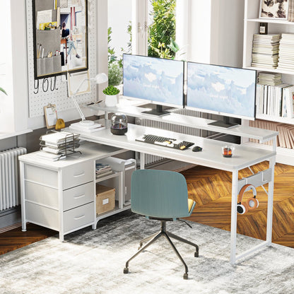 L-Shaped Desk with 3 Storage Drawers, Reversible Writing Desk with Flexible Frame, Computer Desk with Power Outlets, Monitor Stand, Iron Hook and Ladder Shelves,White