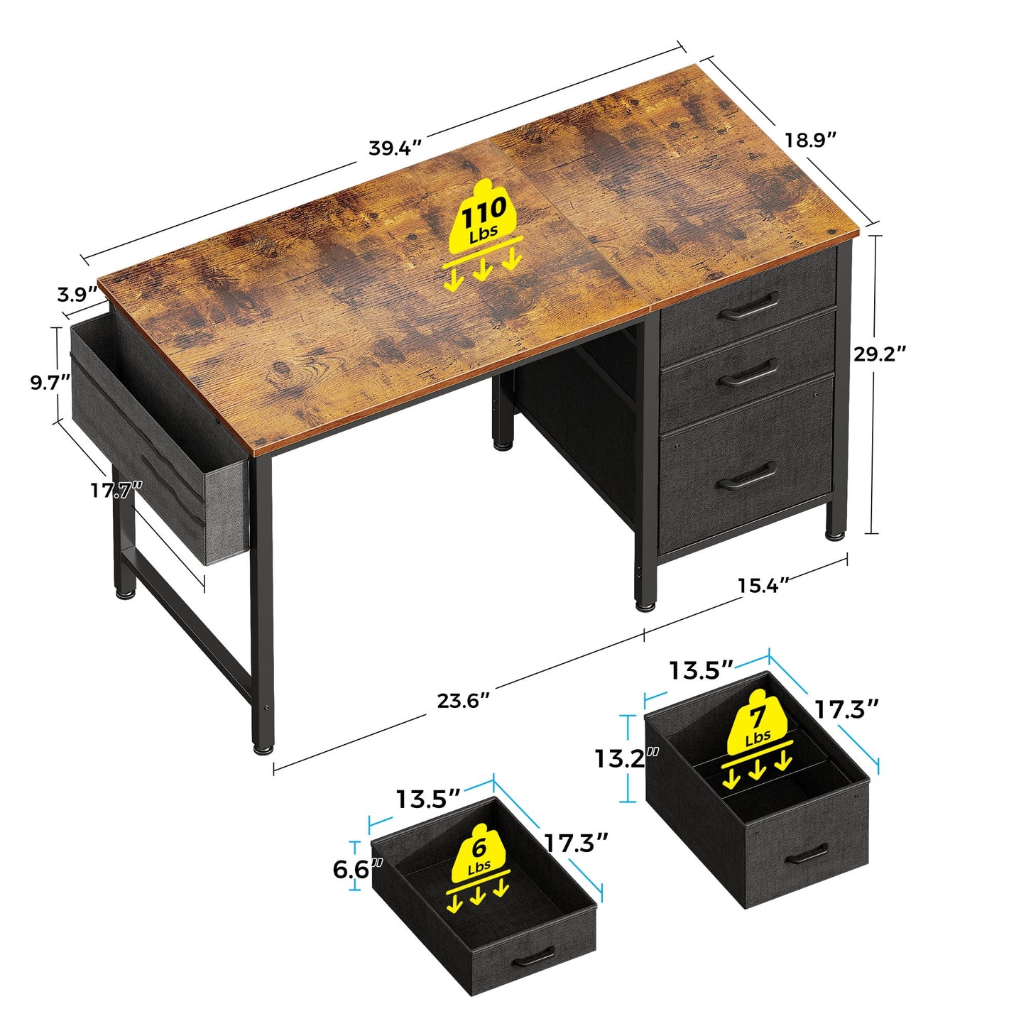 Casacomoda 40 inch Computer Desk with Fabric Drawers & File Cabinet, Home Office Desk with Cloth Storage Bag and Hook, Vanity Desk for Bedroom, Vintage and Black