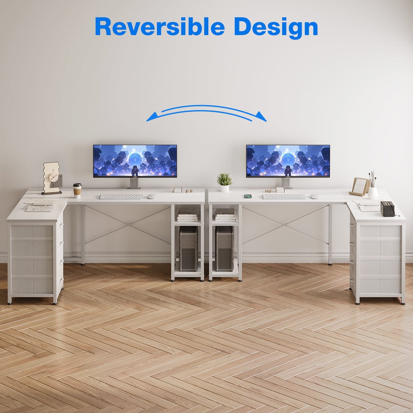 Reversible Modern Simple Style L Shaped Desk with Charging Station and Drawers, Pure White