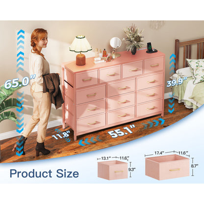 Casacomoda Dresser with Charging Station, 55-Inch Long Dressers for Bedroom, Large Dressers TV Stand with 13 Storage Drawers, Fabric Dresser Chest of Drawers, Pink