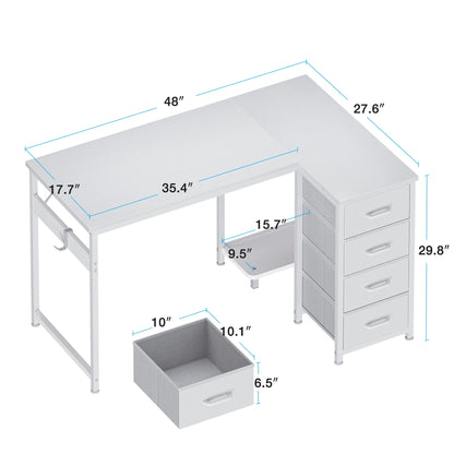 48 inch Computer Desk with 4 Fabric Drawers — Home Office Desks with Storage, Writing Desk with Side Hook, Desk Study/Work Table for Bedroom and Small Space, White