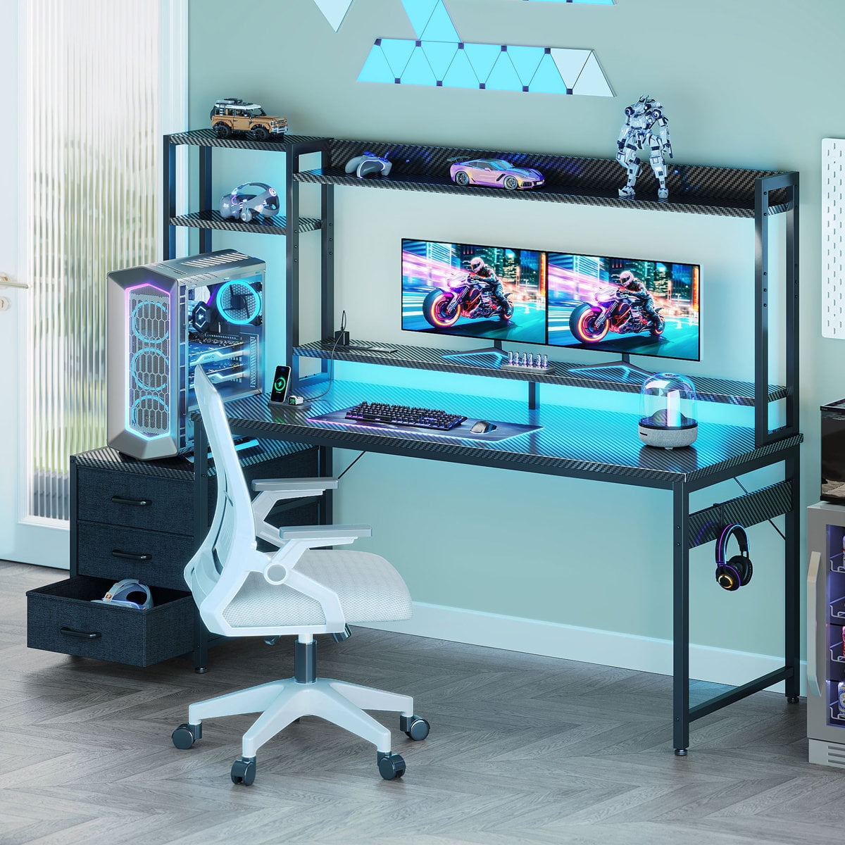 Casacomoda 63" Gaming Desk with Hutch and Drawers, RGB LED Lights, Computer Desk with Power Outlets for Home Office, Black