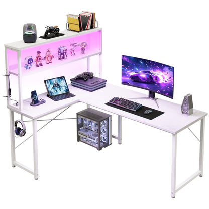 Casacomoda L Shaped Gaming desk, 53 Inch Computer Desk with Shelves, Reversible Display Shelf Gaming Desk with Led Light & Charging Station, White