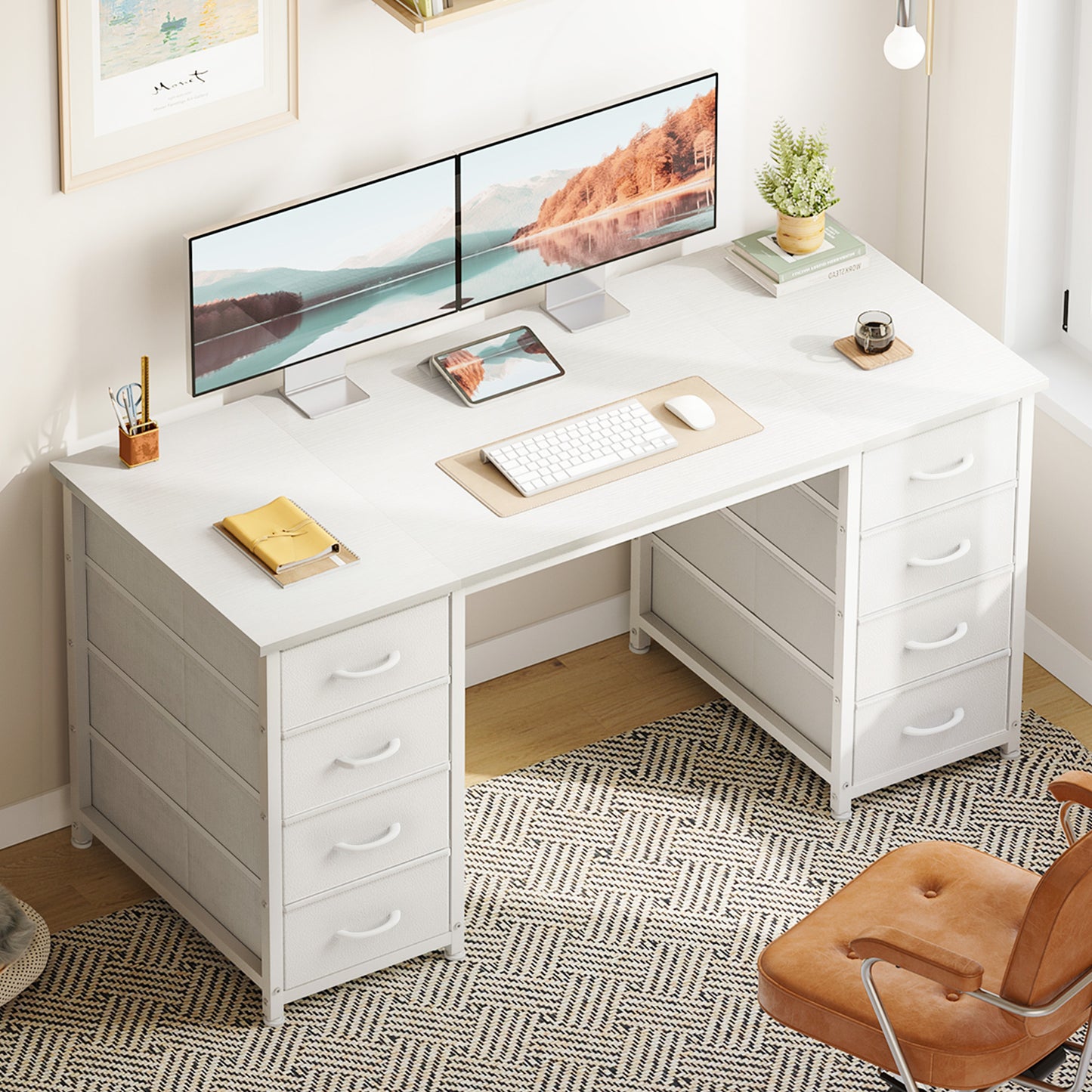 White Computer Desk with Drawers for Storage - 48 inch Home Office Desk with 8 Fabric Drawers, Writing Study Desk with Drawers on Both Sides for Bedroom