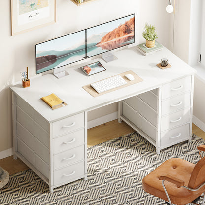 White Computer Desk with Drawers for Storage - 48 inch Home Office Desk with 8 Fabric Drawers, Writing Study Desk with Drawers on Both Sides for Bedroom
