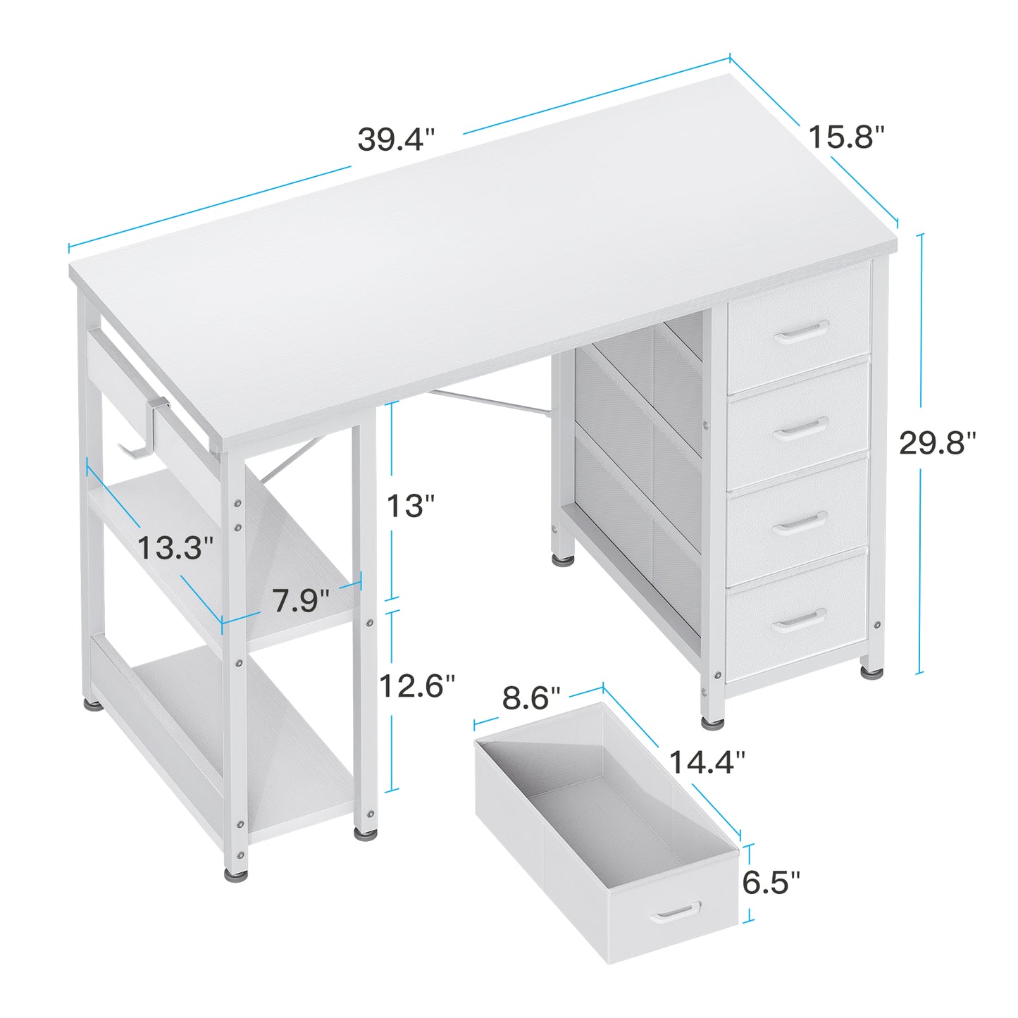 Casacomoda Computer Desk with Drawers & Storage Shelves, 40 Inch Corner Desk for Home Office Bedroom, Small Teen PC Desks with Fabric Drawer, White