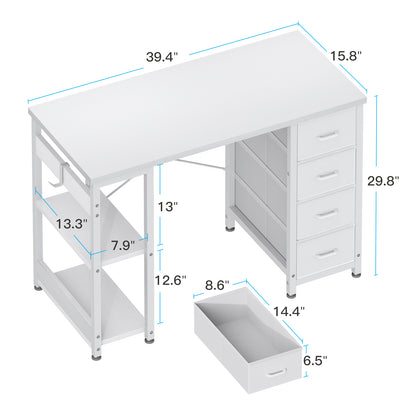 Casacomoda Computer Desk with Drawers & Storage Shelves, 40 Inch Corner Desk for Home Office Bedroom, Small Teen PC Desks with Fabric Drawer, White