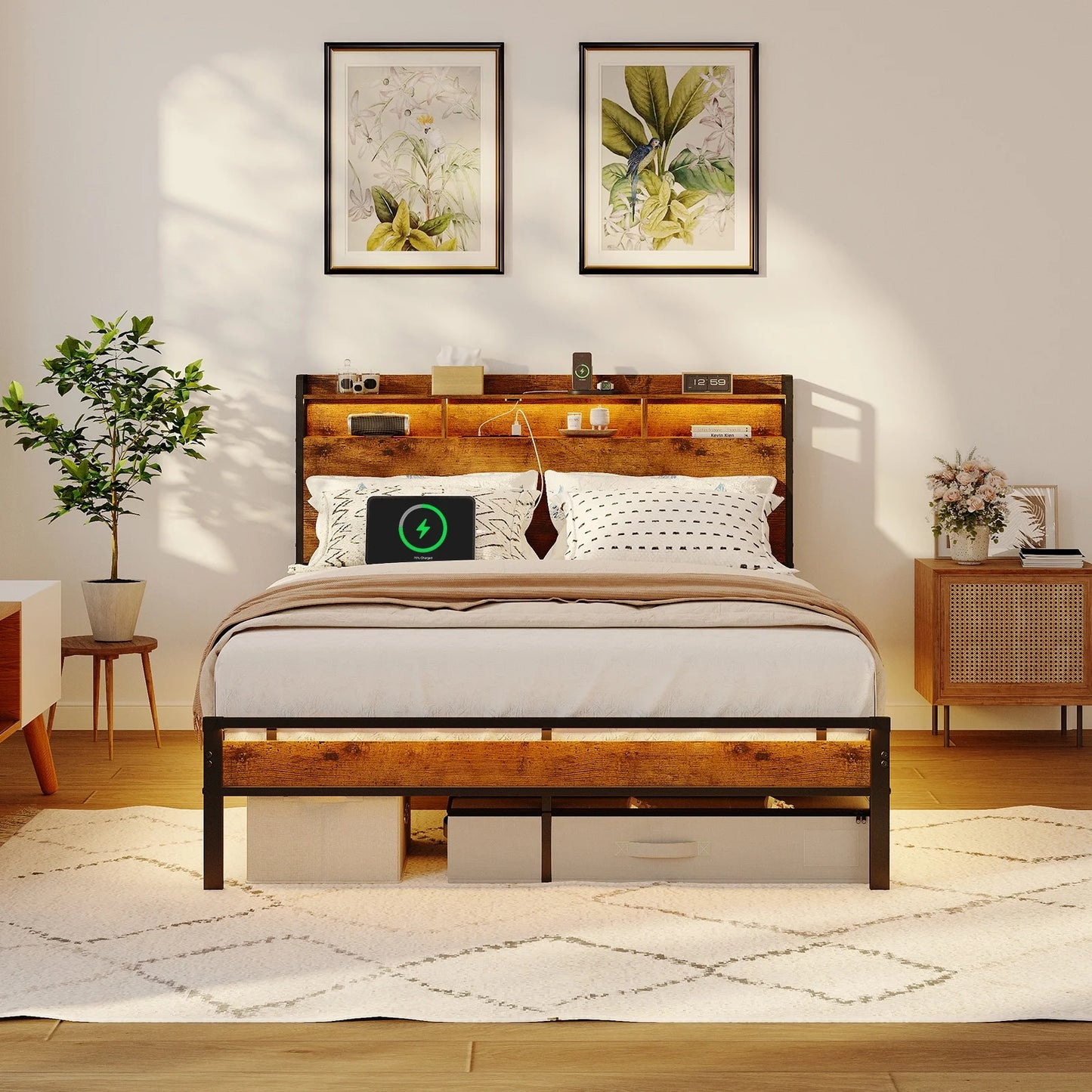 Queen Size Bed Frames, Storage Headboard with Charging Station, RGB Light Strips, Solid and Stable, Noise Free, No Box Spring Needed, Easy Assembly, Rustic Brown