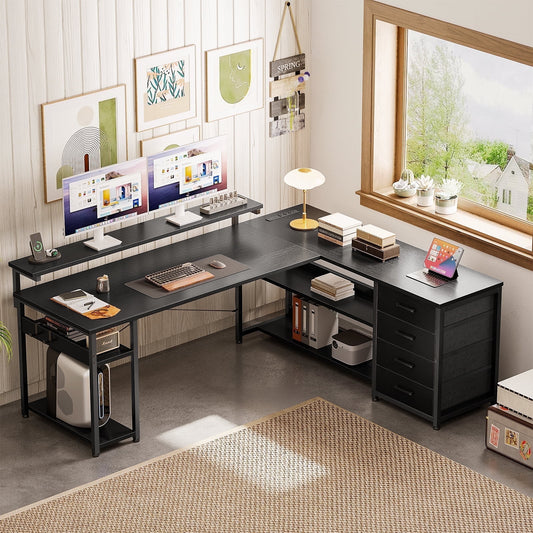 61 inch L Shaped Gaming Desk with LED Lights & Power Outlets, Corner Desk with Drawers, Computer Desk with Adjustable Heights Monitor Stand, Gaming Table with Hooks, Black